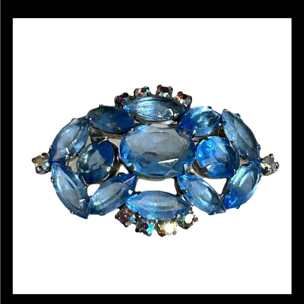 Vintage Rhinestone Brooch Blue Domed Open Back